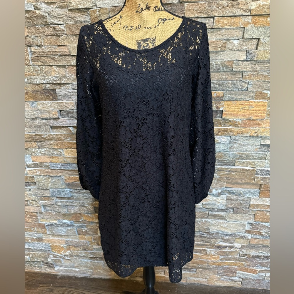 Laundry Black Floral Lace Gathered Long Sleeved Dress Whimsigoth Sz 10 LBD